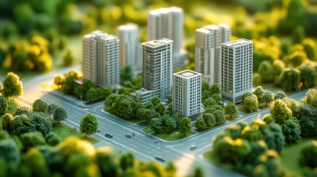 miniature cityscape with white buildings and roads surrounded by green trees