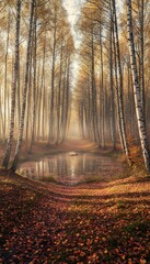 Obraz premium Path through a serene forest with golden hues, leading to a calm pond