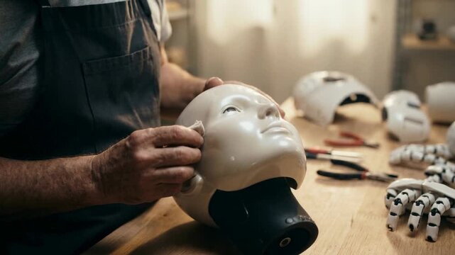 Hands manipulate and adjust a mannequin head in a workshop. Surrounding tools and additional mannequin heads indicate an active crafting process
