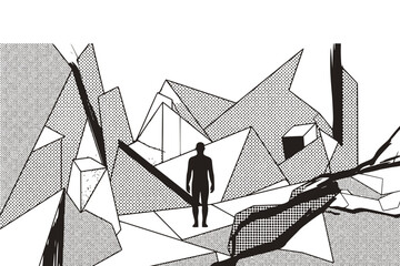 Fototapeta premium Geometric Silhouette Landscape Semi-Sketch Halftone-Abstract Monochrome Figure-Surreal Terrain Black-White Single Illustration - Geometric Landscape