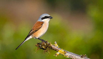 Perched songbird with grey head, reddish back, and black mask on a mossy branch, against green bokeh