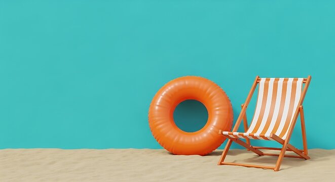 Summer beach concept  on blue background chair with ring floating and pineapple,vacation, holiday, orange, teal,