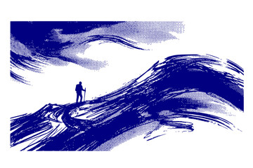 Obraz premium Lone Figure Landscape Semi-Sketch Halftone-Dramatic Abstract Terrain-Solitary Scene Black-White Single Illustration - Lone Figure