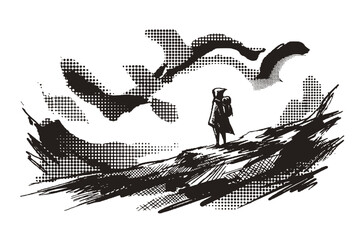 Naklejka premium Lone Figure Landscape Semi-Sketch Halftone-Dramatic Abstract Terrain-Solitary Scene Black-White Single Illustration - Lone Figure