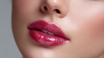 Obraz premium Close-up view of a girl's glossy lips highlights luscious color and shine, showcasing a trendy lip product. The focus is on beauty, allure, and radiance in a modern style