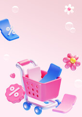 3D Shopping Cart with Spring Flowers and Discount Coupons on Pink Background