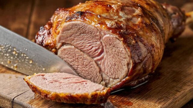 Freshly cooked meat is sliced on a wooden cutting board using a sharp knife.