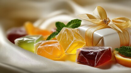 White box with a yellow ribbon sits on a table with a variety of colorful cand