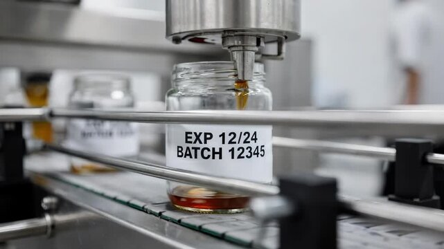 Medium shot of directprinting machinery imprinting expiration dates and batch codes directly onto glass jars highlighting clean clear text on the product surface.