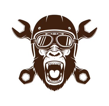gorilla wearing motorcycle helmet and goggles with wrench and nuts  aggressive monkey head
