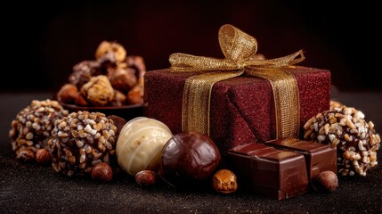 Box of chocolates sits on a table with other chocolates and nuts