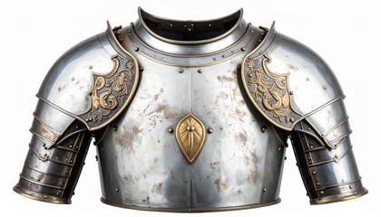 Polished Steel Armor Breastplate with Embellishments Isolated on White Background Medieval Antiquity and History.