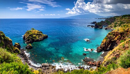 Fototapeta premium Panoramic coastal view featuring sea, cliffs, island, and mountain under bright blue sky