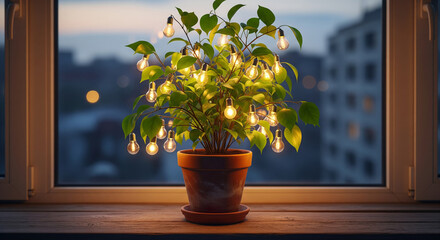 窓際でオレンジ色に光る小さな電球を実らせた不思議な観葉植物