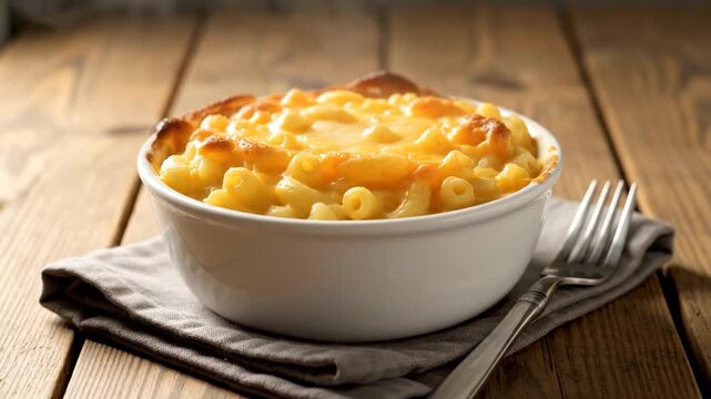 A bowl of macaroni and cheese with a golden crust, served with fork on a napkin