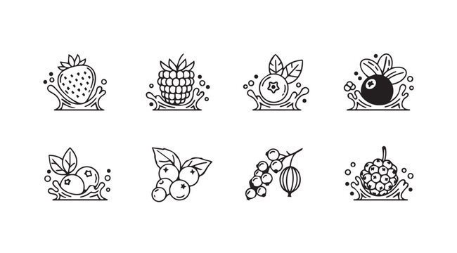 Assorted Berries with Water Splashes Line Art Icons Set