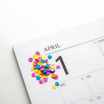 Colorful confetti scattered on April 1st calendar date marking April Fools Day celebration