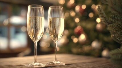 Cheers to the Festive Season: Two champagne flutes, filled with sparkling golden liquid, sit elegantly on a wooden surface, set against a backdrop of a twinkling festive tree, evoking warmth.