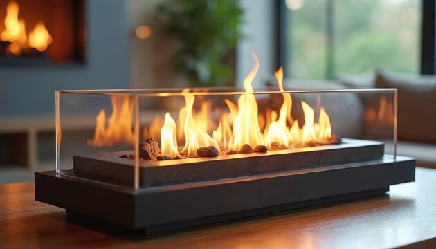 Modern tabletop ethanol fireplace glows with bright orange flames. Contemporary home decor item provides warmth and ambiance on wooden table. Safe clean burning fuel.