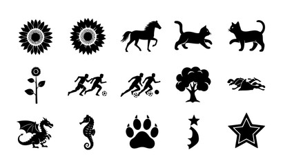 Black silhouette icon set &ndash; sunflower, horse, cat, soccer, tree, dragon, seahorse