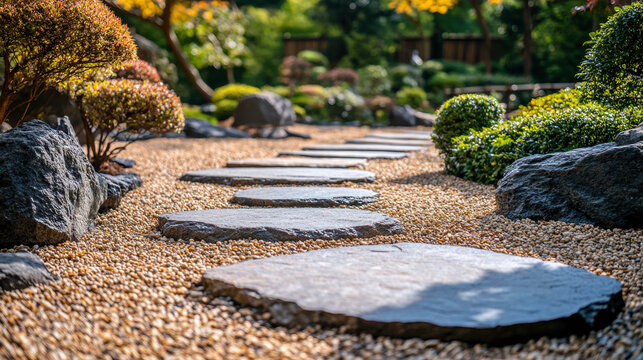 Stone stepping Walkway among lawn in a Japanese style garden