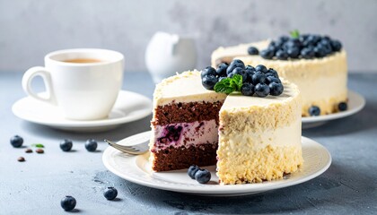 Delectable Blueberry Cake Slice & Coffee Cup Arrangement Minimalist Lifestyle Aesthetic for Bakery and Confectionery Themes.