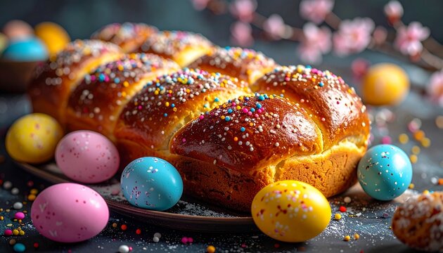 Sweet braided bread with colorful sprinkles and painted eggs for a festive celebration table setting.