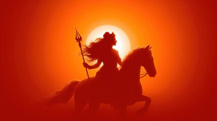 Silhouette of a warrior goddess on horseback holding a trident against a bright sun