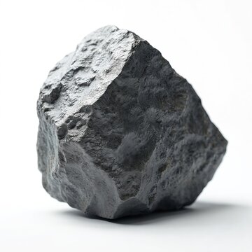 Dark gray lodestone sits isolated on clean white studio background. This magnetic iron ore chunk has rough textured surface. Closeup mineral sample.