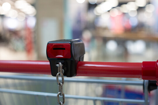 Coin operated lock on handle of shopping cart. Insert coin to release your cart. Return cart to supermarket to retrieve your coin. Locker provides cart control and security at grocery store