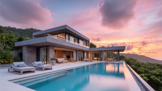 Luxury modern villa with infinity pool overlooking lush green hills at sunset