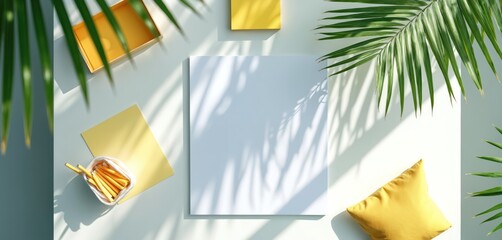 Flat lay composition with white paper and yellow accents. Palm leaves cast shadows on desk. Includes open box, papers, cushion, and yellow sticks.