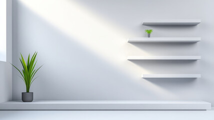 Minimalist white wall with open shelving, sunlight, green potted plant, modern interior design