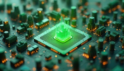 Obraz premium Green city skyline hologram rises from central computer chip. Microelectronics circuit board with many components glows. Digital tech infrastructure powers modern urban life.
