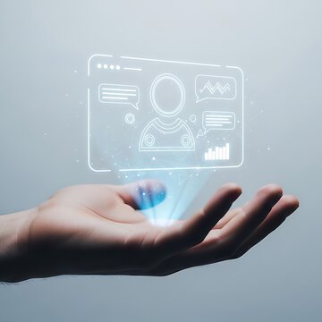 Human hand presenting transparent user interface hologram with social profile information