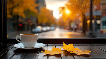 Coffee cup autumn leaves window condensation cozy morning sunrise city street