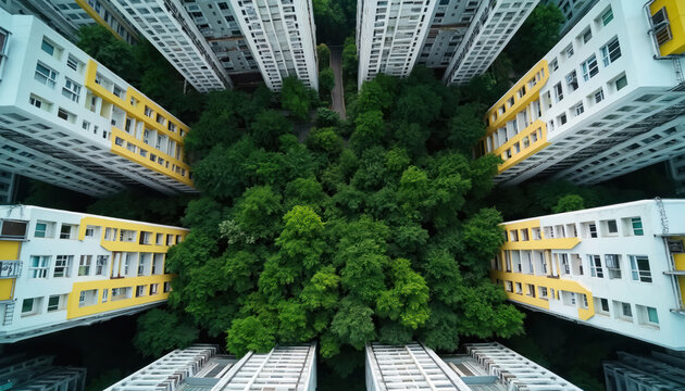 Dense green trees grow between tall apartment buildings. White and yellow structures rise into sky. Aerial perspective shows urban density and nature contrast. Modern city living.