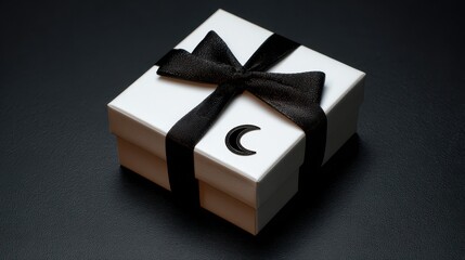 White box with a black bow and a crescent moon sticker on it