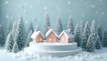 Fototapeta premium Miniature pink houses with snow on roofs sit on a podium. Frosted evergreen trees form a winter forest background. Soft lights glow from windows as snow falls.