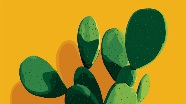 Nopal cactus pads growing with vibrant yellow background. Nopal cactus pads featuring simple graphic shape and casting shadow on yellow wall