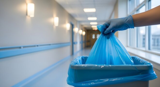 Gloved Hand Disposing of Waste in Medical Facility Hallway