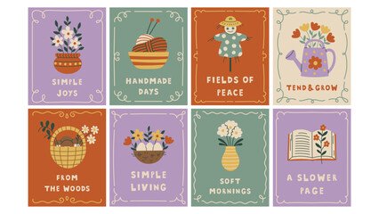 Fototapeta premium Cottagecore Quote Posters Set. Vintage Drawn Motivational Inspirational Banners Cards Postcards with Lettering Phrases, cozy warm summer mood and curly frames. Vector illustration