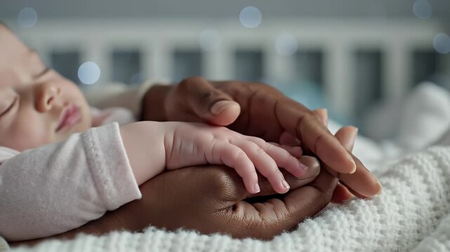 Gentle Holding Of Newborn Baby's Tiny Hand By Adult Palmist With Close Up Detail On Delicate Fingers And Warm White Blanket Background With Soft Bokeh Lights