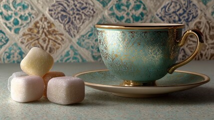 Cup with a gold rim sits on a table with a few colorful candies
