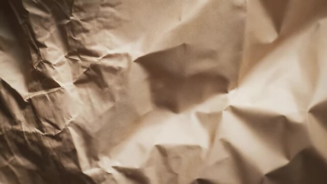 Crumpled brown paper creates an aged and rough texture background, forming intricate wrinkles and deep creases ideal for overlays, graphic design, and abstract digital compositions