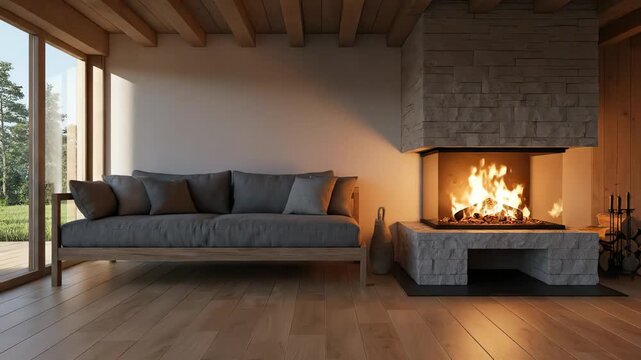 Grey daybed sofa against fireplace. Rustic scandinavian home interior design of modern living room, Seamless looping timelapse virtual animation background. 4k resolution video 30fps.