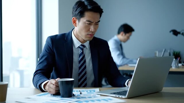 A businessman in a suit, looking stressed at a computer screen displaying a stock chart