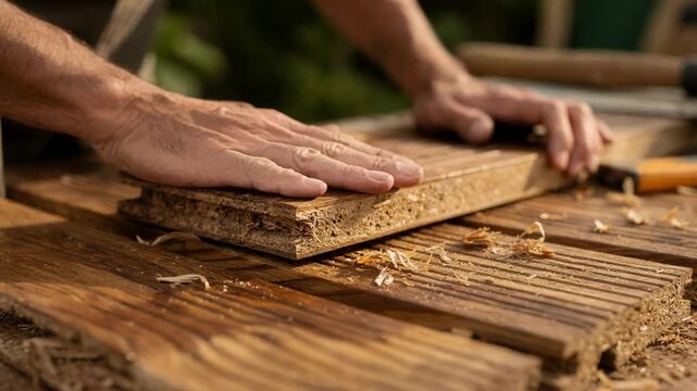 Close medium shot highlighting hands shaping eco decking boards made from plantderived resin composites capturing texture and natural wood grain patterns.