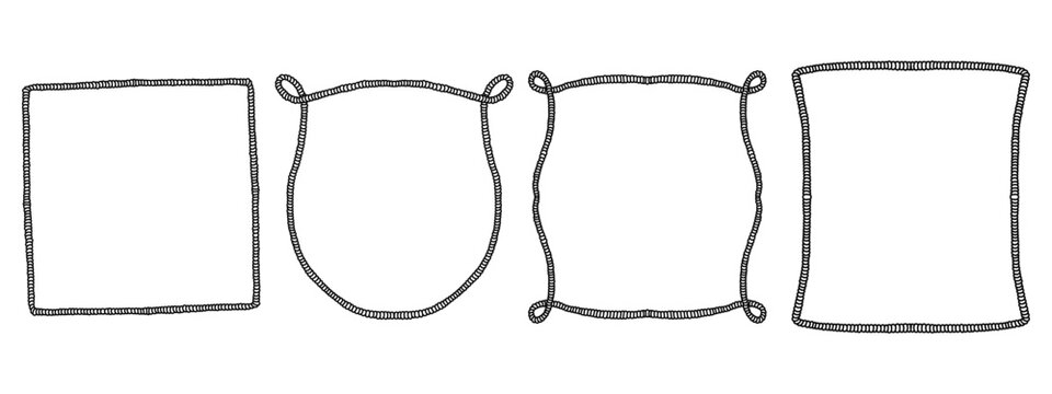 Nautical rope border set with various hand-drawn frame shapes. Rustic rope frames collection in black line art for maritime and adventure design