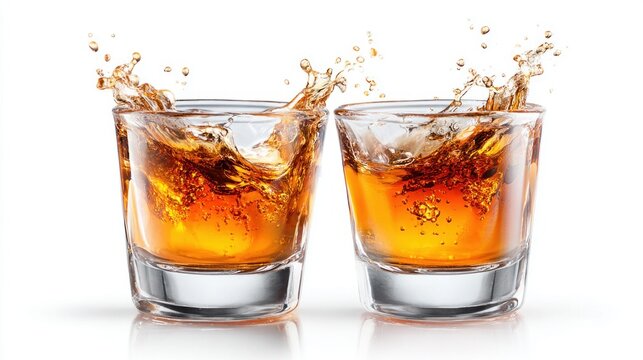 Whiskey shots clinking together with a splash against a white background